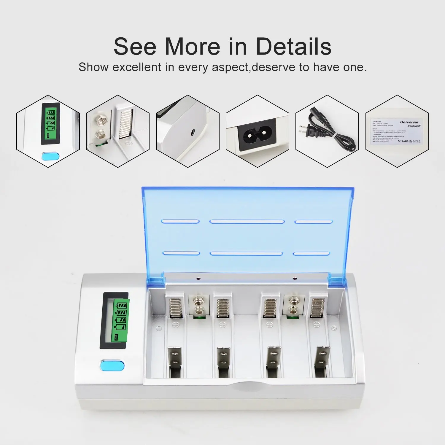 Universal Smart Battery Charger LCD Display for AA/AAA/C/D/9V Ni-MH Ni-CD Rechargeable Batteries with Claimshell