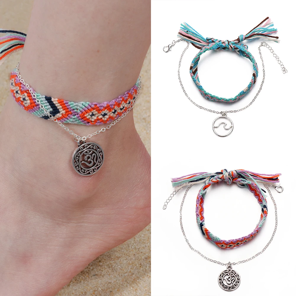 

2PCs/Set Hand Made Boho Rope Weave Anklets Wave Silver Multi-layer Pendant Anklet Women Vintage Beach Jewelry Gifts Colourful