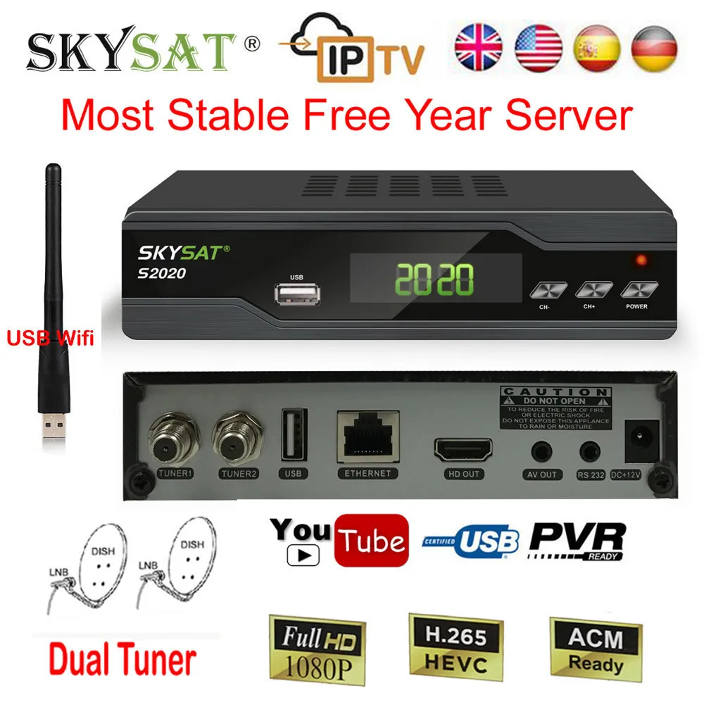 

Skysat H.265 Satellite TV Receiver Decoder IPTV M3u S2020 HD DVB-S2 + USB Wifi Most Stable IKS SKS ACM Server Receptor Biss Vu