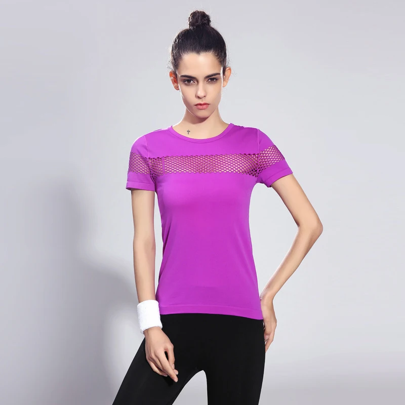 Футболка женская спортивная рубашка для фитнеса chaleco s m ujer сексуальный сетчатый топ полиэстер нейлон спандекс крутые футболки дизайн 7 цветов s m l - Цвет: purple