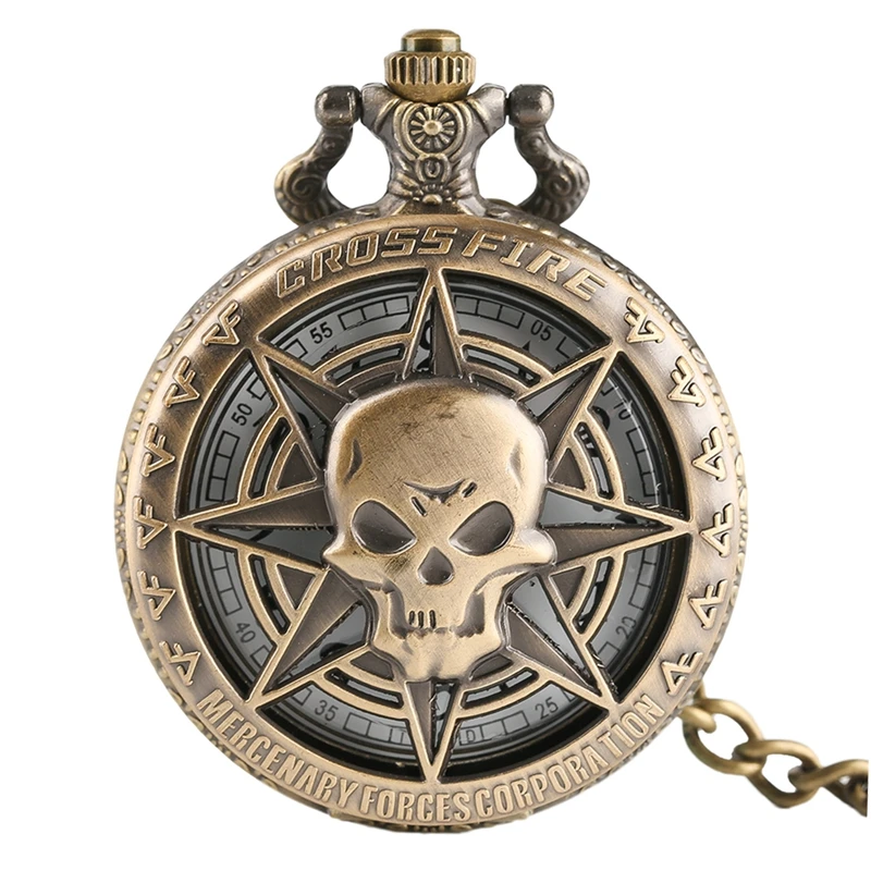 

Retro Bronze Steampunk Hollow Caribbean Pirate Skull Head Horror Quartz Pocket Watch with One Piece Necklace Chain for Men Women