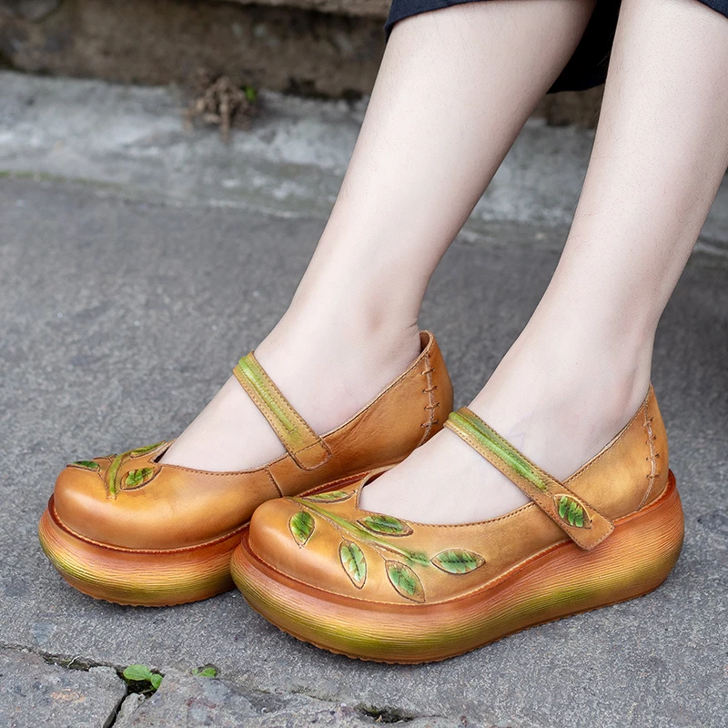 

First Layer Of Cow Leather Women Pumps New Hand-Painted Leaf Design Lady High Heel Shoes Comfortable Female Platform Wedge Shoes