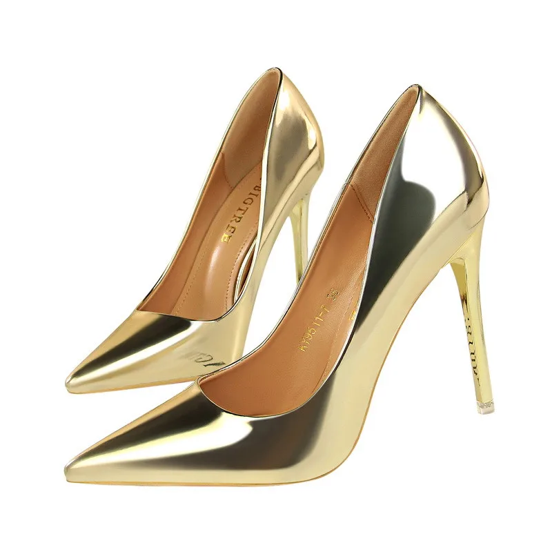 5 цветов в сдержанном стиле Для женщин офисные туфли OL Парадное, тонкое Для женщин женские туфли-лодочки, однотонные, мягкое покрытие(флок), острый носок туфли модная обувь на высоком каблуке - Цвет: Gold PU