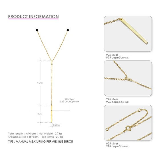 Tardoo Stick форма 925 пробы серебряный кулон цепочки и ожерелья для женщин заявление Золото Цвет Femme ювелирные украшения подарки - Цвет камня: Gold