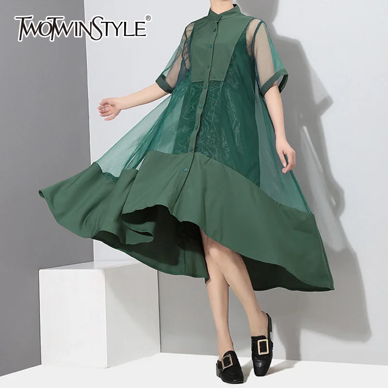 

TWOTWINSTYLE Mesh Dress Two Piece Set Female Patchwork Short Sleeve Draped Asymmetrical Dresses With Basic Vest Dresses Summer