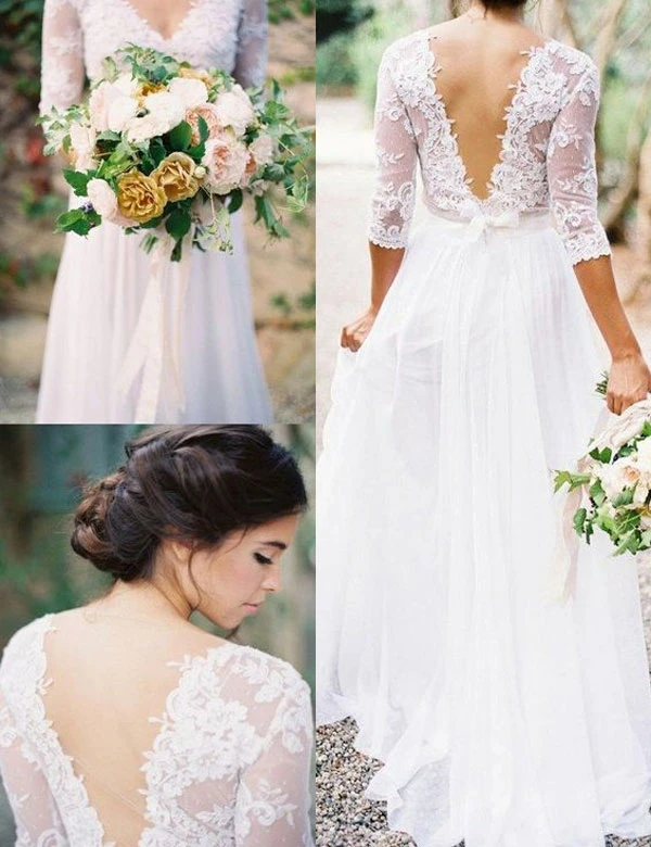 

Elegant V-neck Long Sleeves Lace Top A-line Wedding Dresses White Wedding Gown robe de mariee