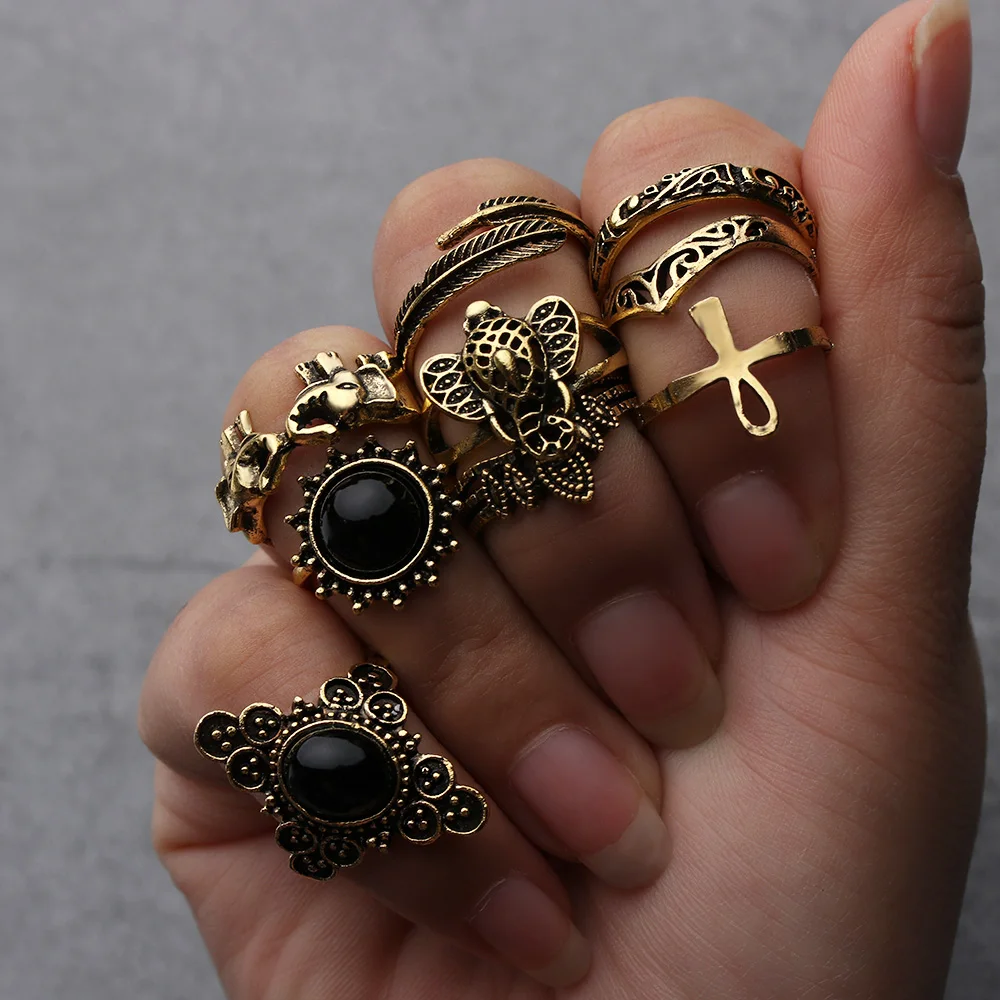 

9PCs/Set Bohemia Antique Gold Silver Elephant Feather Cross Crown Carved Rings Set Knuckle Finger Midi Ring for Women Jewelry