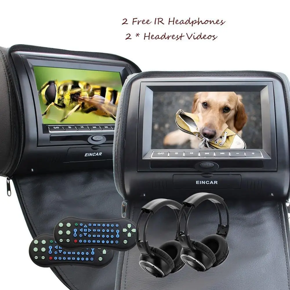 

Pair of Monitor Car Headrest DVD Player Wide View LCD Digital Screen with USB IR FM Transmitter Include Wireless IR Headphones