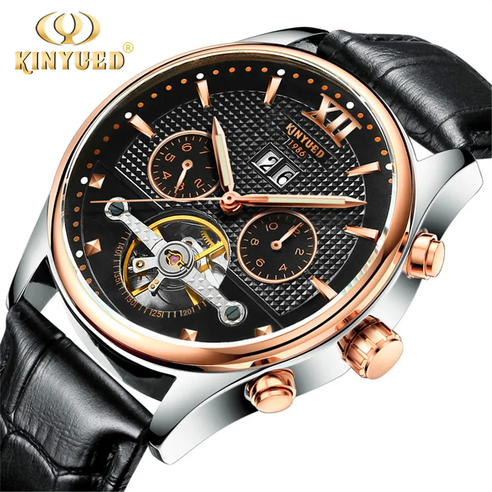 Kinyued Skeleton Watch Men Automatic Waterproof Top Brand Mens Mechanical Watches Leather Calendar Rose Gold Relogio