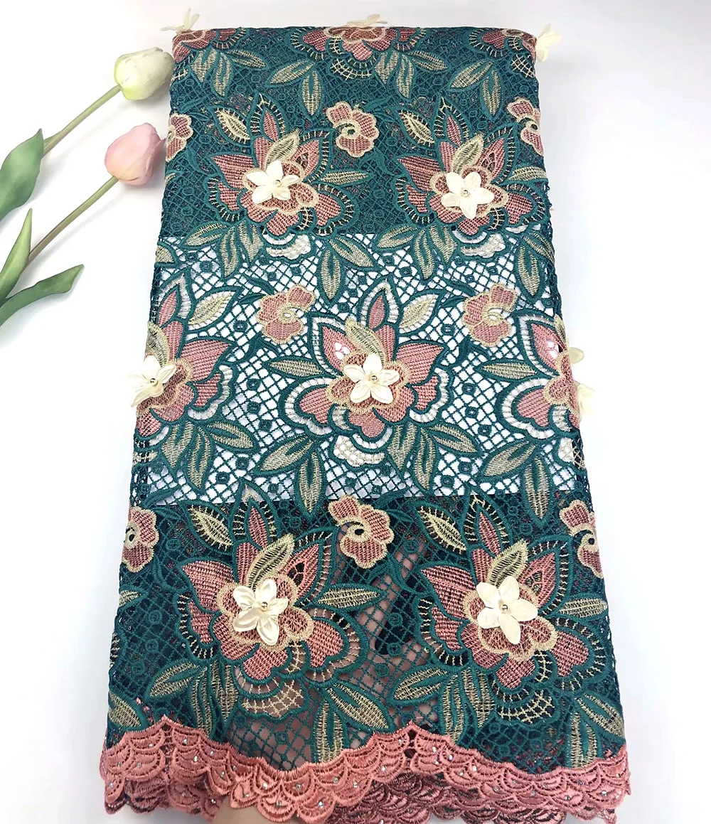 

2019 High Quality Nigerian Green African Lace Fabric 5 yards Rhinestones Guipure Cord Lace Fabric For Wedding dress