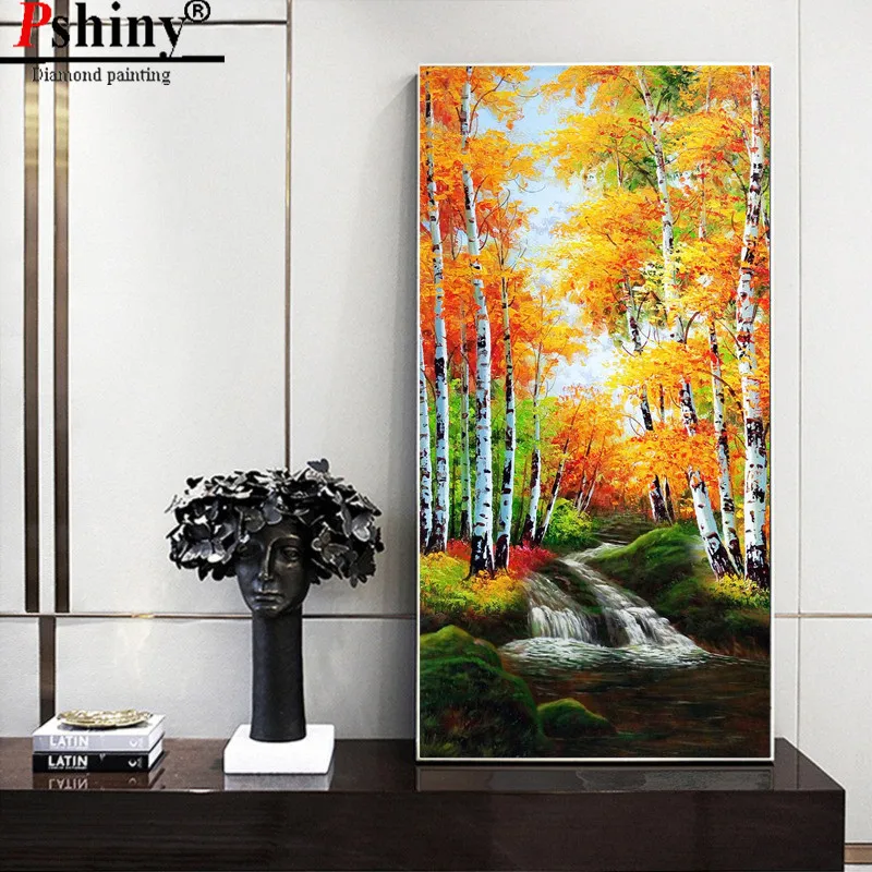 PSHINY DIY 5D Вышивка со стразами распродажа Осенние березовые леса картины из