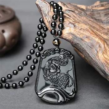 

Drop Shipping Natural Black Obsidian Zodiac Necklace Pendant 12 Symbolic Animals Lucky Amulet For Women Men Jewelry Energy Stone