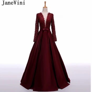 

JaneVini 2018 Burgundy Pearls Mother of The Bride Dresses A Line Lace Long Sleeve Floor Length Satin Evening Gowns Abend Kleider