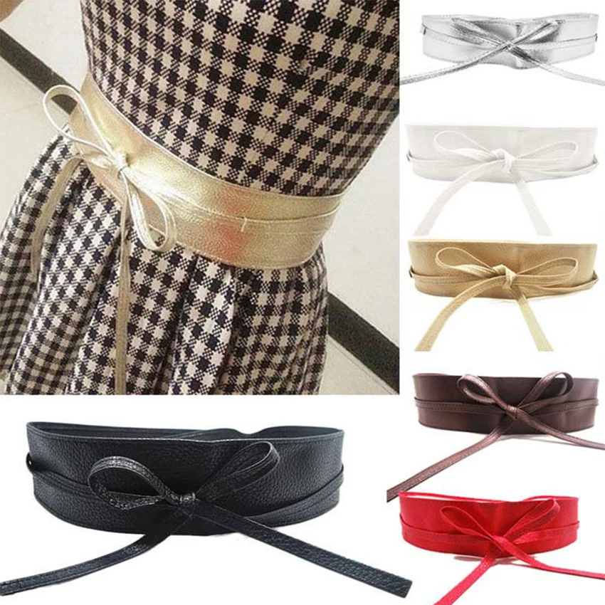 

Elegant Female Belt Soft Faxu Leather Sweet Bow Knot Tie Wrap Around Waist Belt Women Casual Solid PU Leather Lace-Up Wild Dress