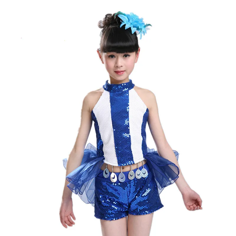 

2016 New Trendy Red Blue Girls Shiny Sequined Mesh Jazz Modern Hip Hop Dancewear Clothes Sets Kids Blue Dance Costume Tuxedo