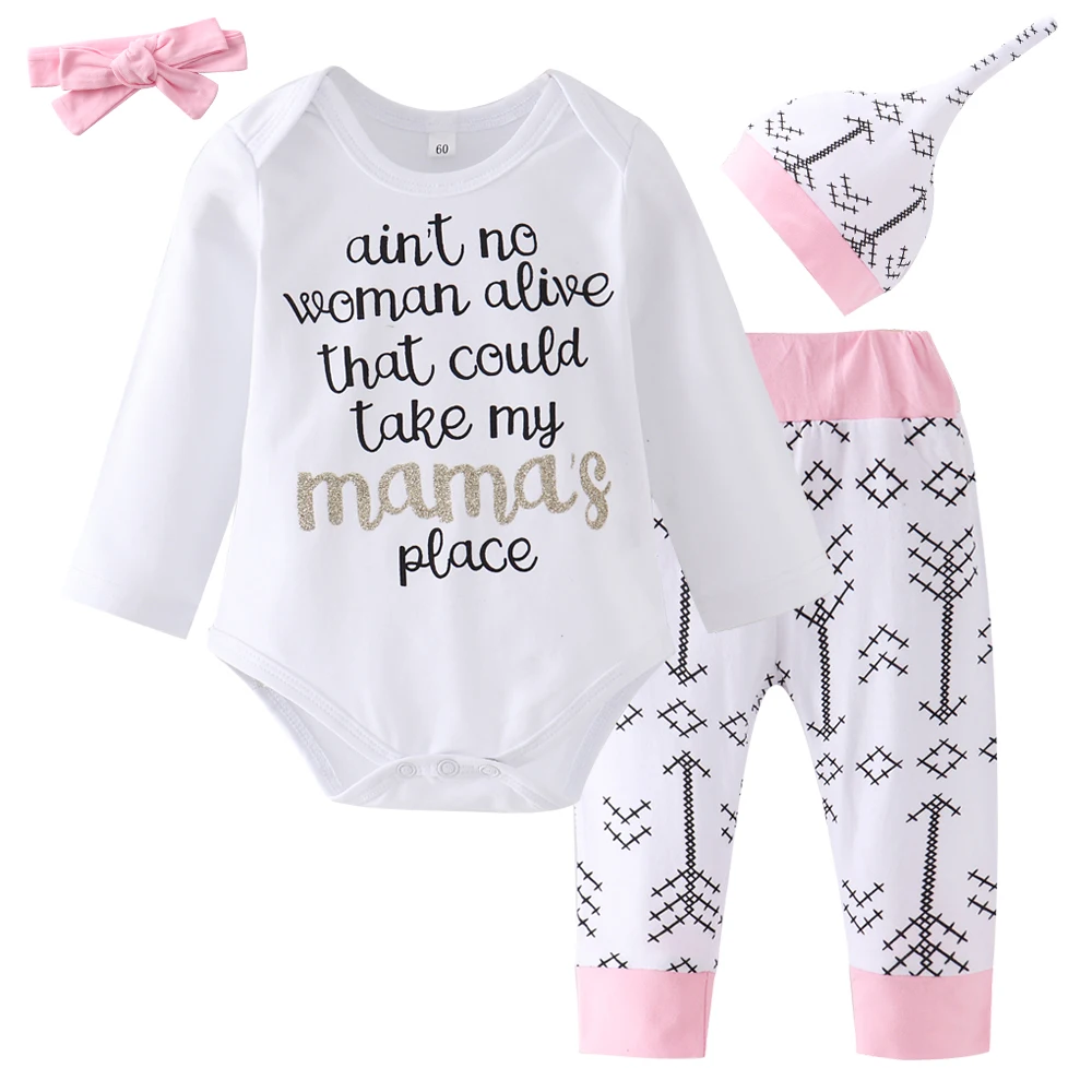 4 штуки! Комплект одежды для новорожденных девочек; весна г.; комбинезоны с буквенным принтом+ милые штаны со стрелками; одежда для маленьких девочек