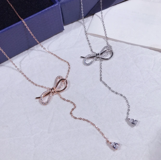 

Fashion Exquisite 925 Sterling Silver White Zircon Gold Bowknot Plated Pendant Necklace Jewelry Women Gift