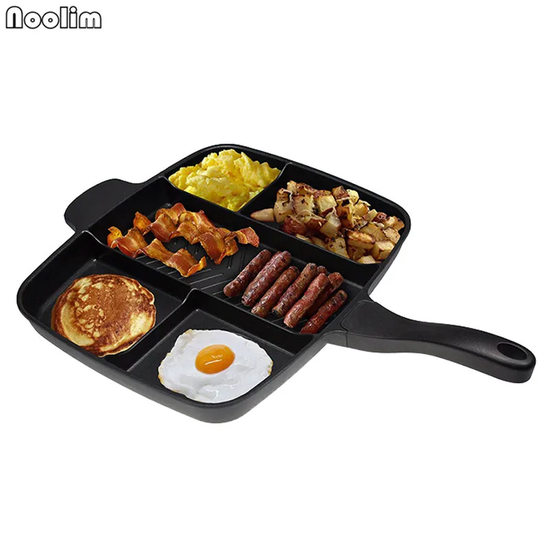 

NOOLIM Aluminum Alloy Fryer Pan Non-Stick 5 in 1 Fry Pan Divided Grill Fry Oven Meal Skillet 15" Black Kitchen Cooking Tools