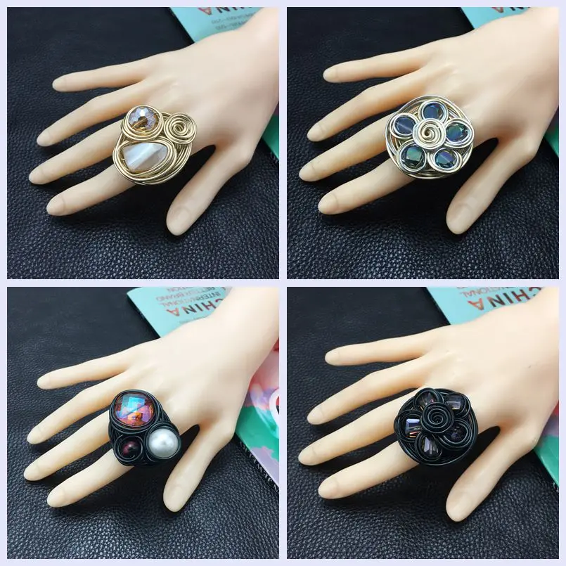 Gold Color Rings Finger Ring Gold Color Ring Boho Handmade Big Champagne Crystal Rings For Women Fashion Jewelry Gold Color Wire Helical Wound Beads Finger Ring