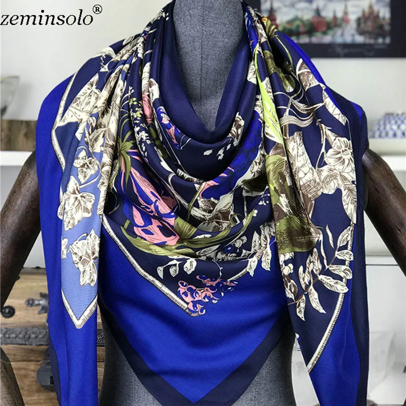 130*130 см шарфы для женщин цветочный принт большой шелковый шарф квадратные шарфы женская бандана мода хиджаб платок шали - Цвет: Синий