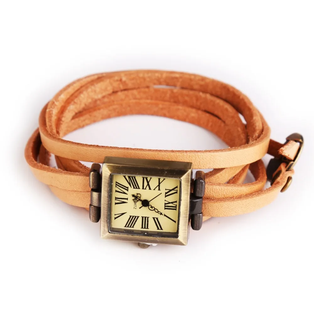 Женские кварцевые часы из натуральной кожи в римском стиле, винтажные женские часы-браслет, квадратные женские часы, коричневые