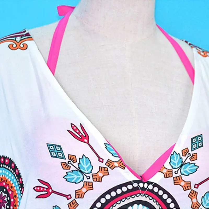 Women Vacation Deep V-Neck Kaftan Swimsuit Cover Up Ethnic Colored Geometric Floral Printed Beach Maxi Dress Oversized Long Robe