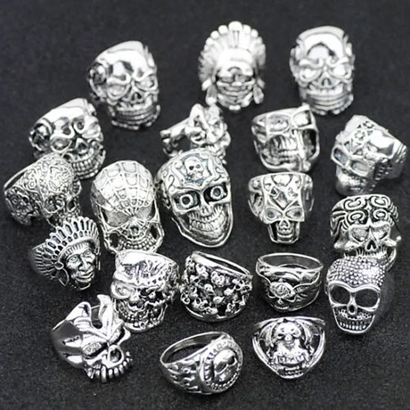 

Wholesale 20pcs/LOT Vintage Silver Gothic Skeleton Men's Jewelry Punk Biker Skull Head Rings Mixed Sizes & Styles MR116