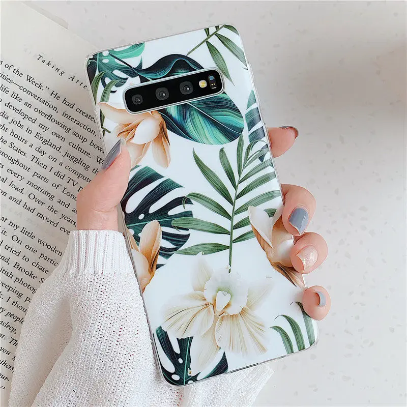 Чехол FLYKYLIN Art Leaf Flower для Samsung Galaxy S8 S9 S10 Plus S10e задняя крышка на IMD силиконовый чехол для телефона с подставкой - Цвет: Style 1