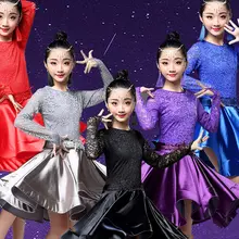 Латинское платье для танцев для девочек, длинный рукав, кружевное Стандартный Бальные платья для танцев для детей; одежда для сцены для сальсы, одежда