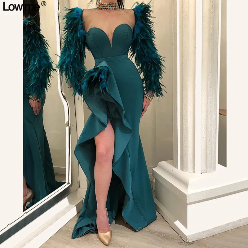 

Sexy High Split Ruffles Celebrity Dresses 2019 Long Sleeves With Feathers vestido de festa Mermiad Long Red Carpet Dresses