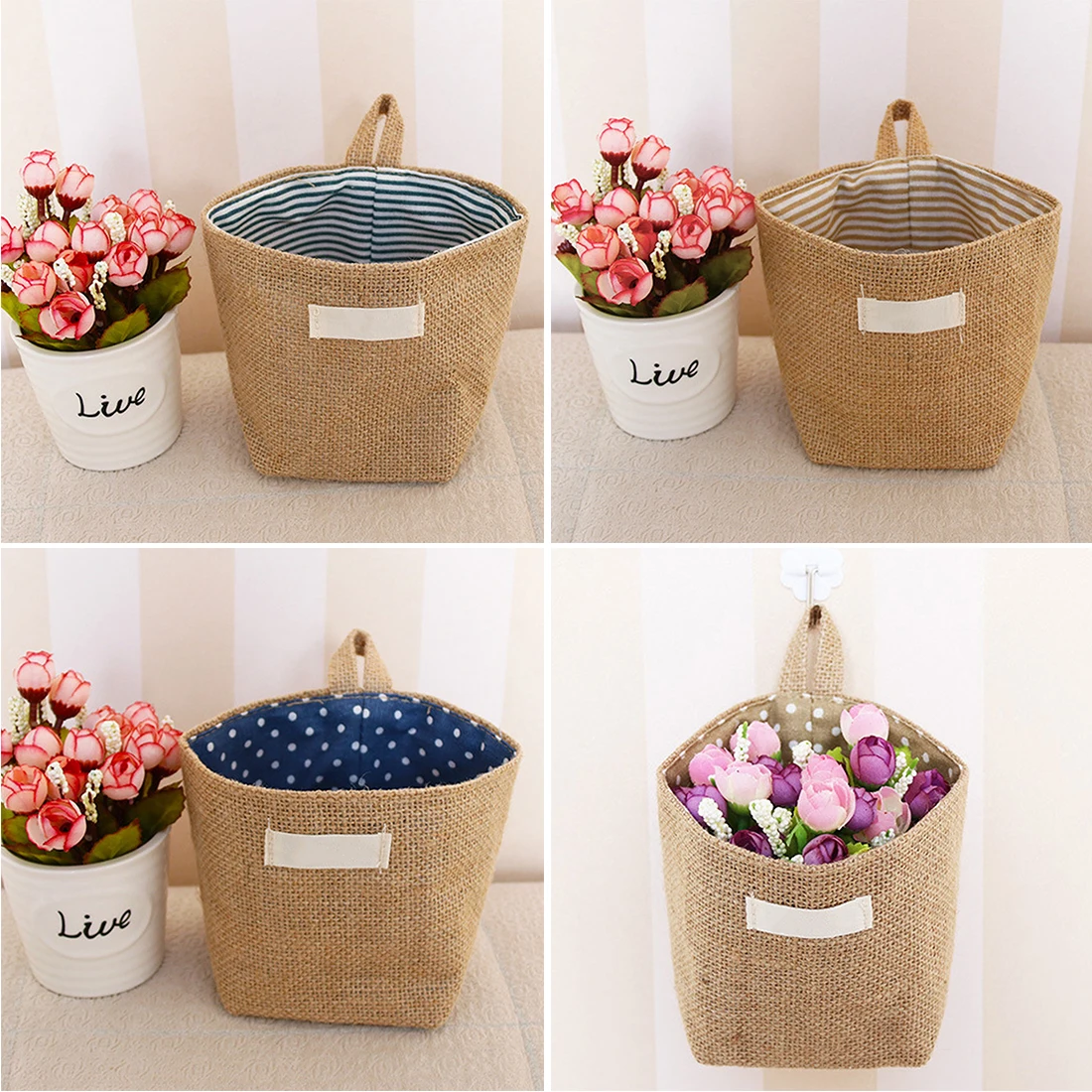 NEW Makeup Linen Desktop Storage Basket Sundries Foldable Cloth Bags