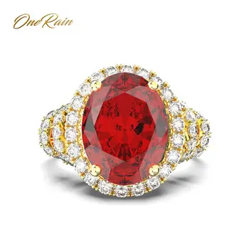 

OneRain Luxury 100% 925 Sterling Silver Oval Ruby Aquamarine Gemstone Wedding Engagement Yellow Gold Ring Jewelry Wholesale