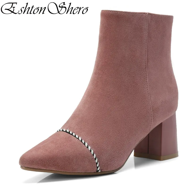 

EshtonShero Women Ankle Boots Shoes Woman High Heels Kid Suede+PU Winter Platform Pink Elegant Ladies Motorcycle Boot Size 34-39