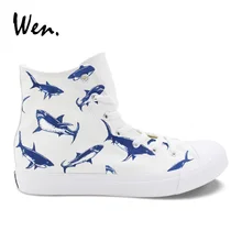 Вэнь дизайн акулы ручная роспись белые парусиновые вулканизированные туфли высокие педали Платформа со шнуровкой плоские кроссовки для подростков Плимсолл