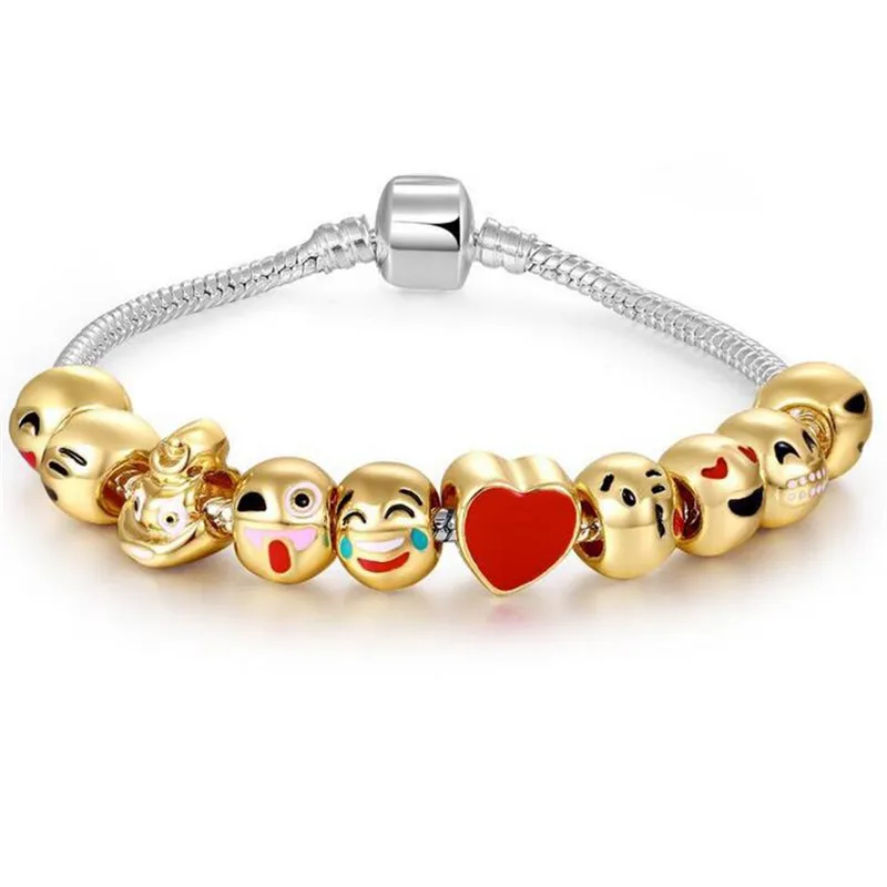 3 5 7 10PCS Gold Color Emoji Charms Bracelet Silver Plated Chain Beads