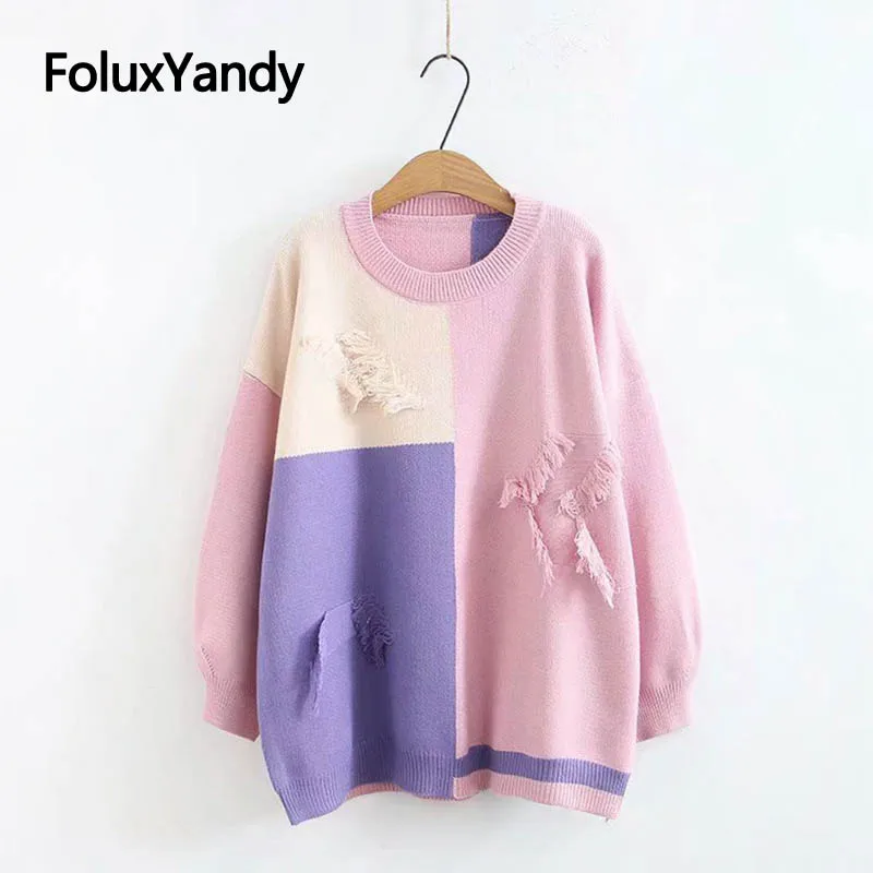 Patchwork Women Sweater Plus Size Casual Round Neck Loose Long Sleeve Hole Tassel Knitted Sweaters Pullovers  KKFY2899
