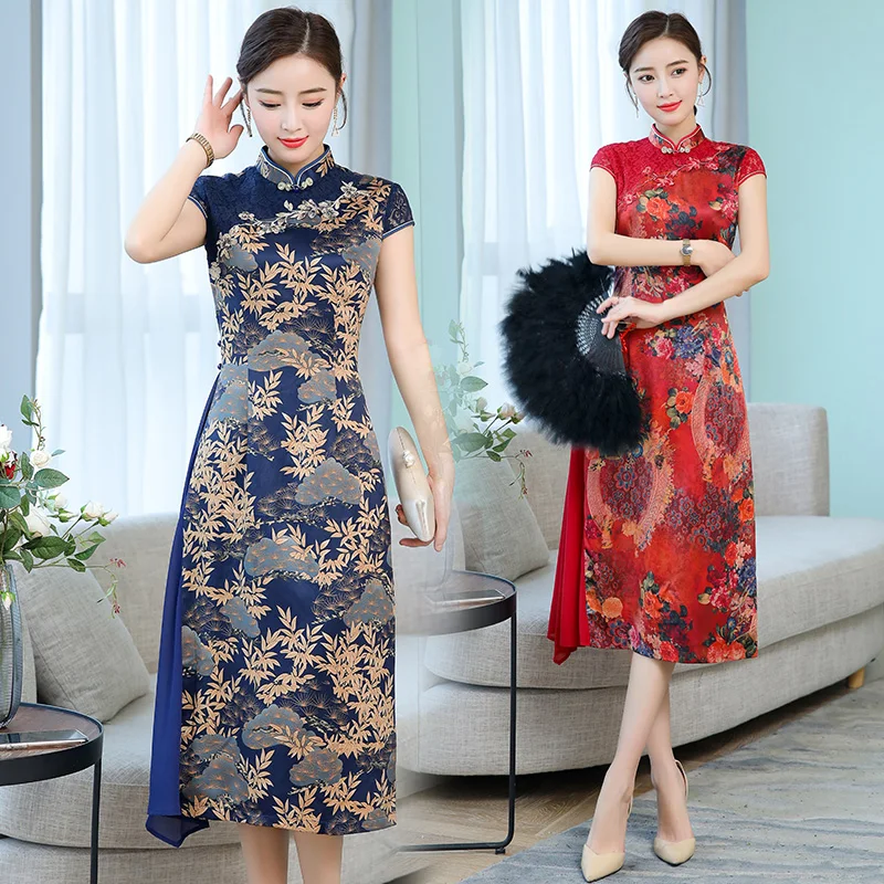 Традиционная Печать cheongsam стиль вьетнамское аозай Платья для вечеринок