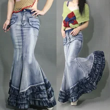 Весна Осень Европейский Стиль женские оборками Длинные трубы джинсовая юбка, лето рваные повседневные джинсы русалка юбки