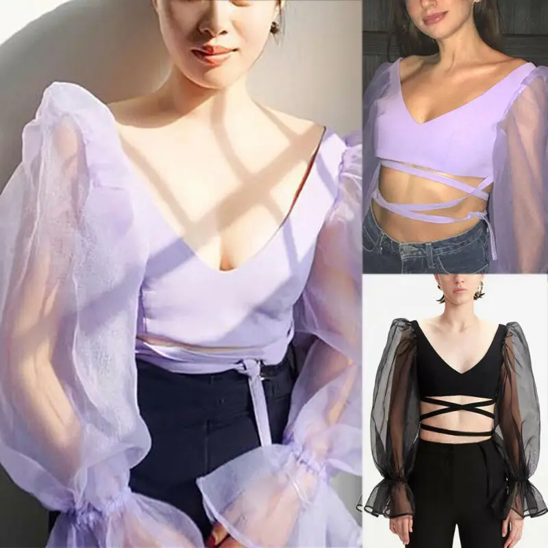 

Fashion Women Mesh Sheer Puff Sleeve Crop Top Long Sleeve Transparent Blouses Sexy Bandage V Neck Shirts Organza Tops 2Colors