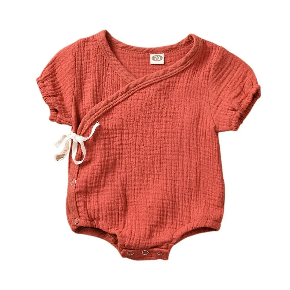Детский комбинезон для новорожденных девочек и мальчиков, однотонный хлопковый комбинезон с короткими рукавами и поясом, летняя одежда, детские костюмы - Цвет: Красный
