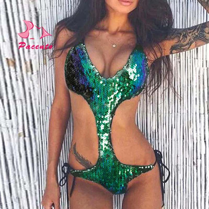 

Pacento Gradient Shiny Sequins Swimsuit One Piece Bathing Suits Women Green Silver 2017 Monokini Large Size Swimwear Plavky Damy