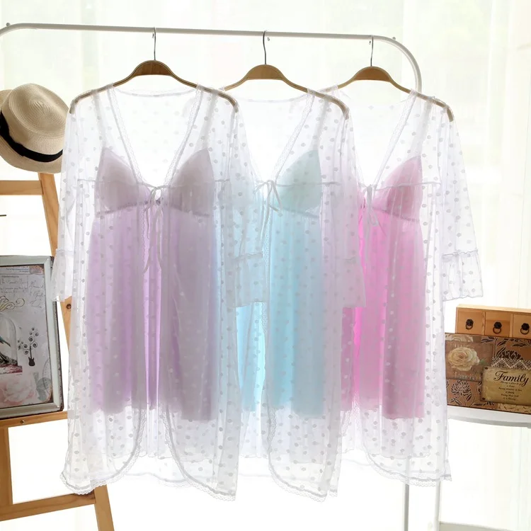 

Two 2 Pieces Sleepwear Women Lace Robe Gown Set Summer Silk Robe Female Sexy Silk Nighties Loose Bathrobe Lace Gown