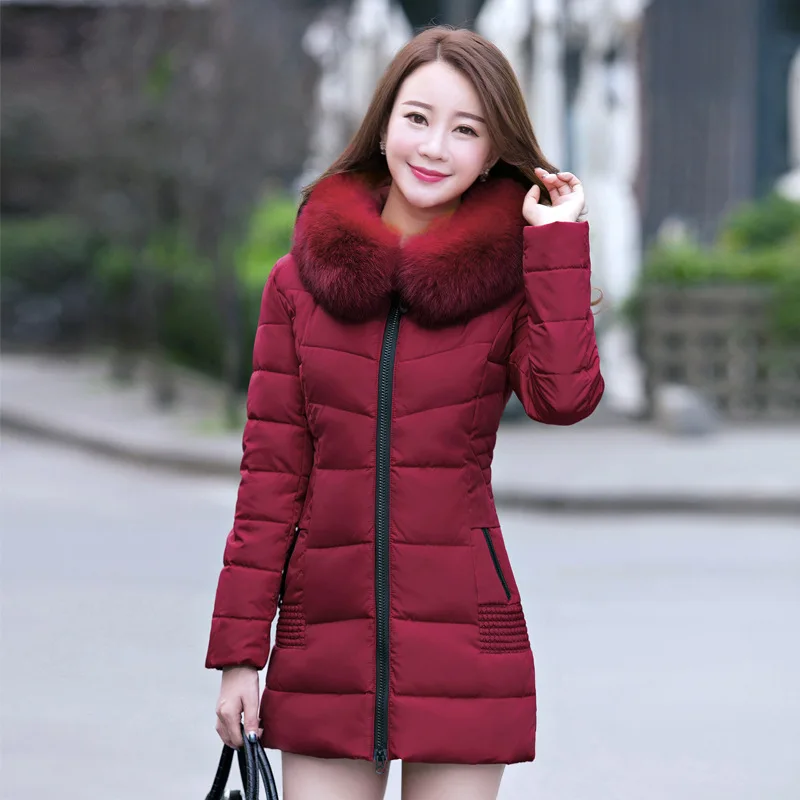 ##BUY New Jacket Women Down Cotton Long Thickening Slim Coat Large Fur Collar Solid Color Femme Was Thin Warm Winter Parkas MZ3261