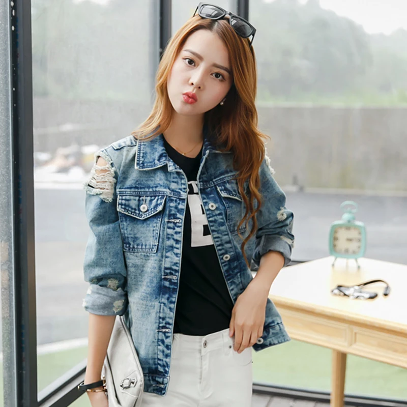 RUGOD 2018 Vintage Funny Print Jean Jacket Women Ripped Hole Long Sleeve Bomber Jackets Casual Spring Autumn Short Denim Jacket
