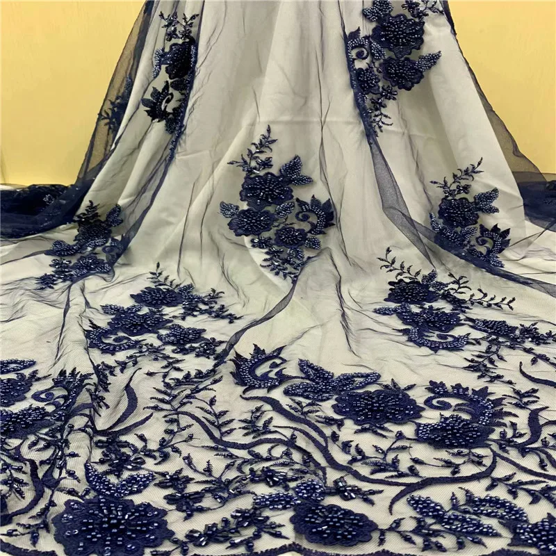 

High-end 5 Yards Embroidery African Fabric Lace Navy Blue Handmade Beaded Tulle Lace Latest French Lace Fabric for Party A1451