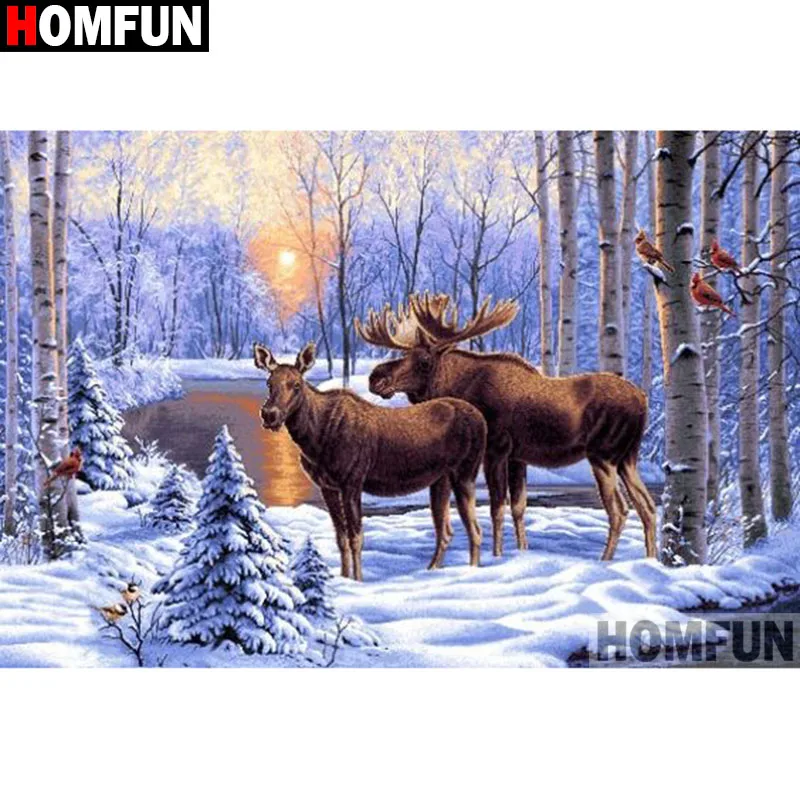 Алмазная 5D картина HOMFUN A18126 сделай сам вышивка крестиком Снежная сцена оленя