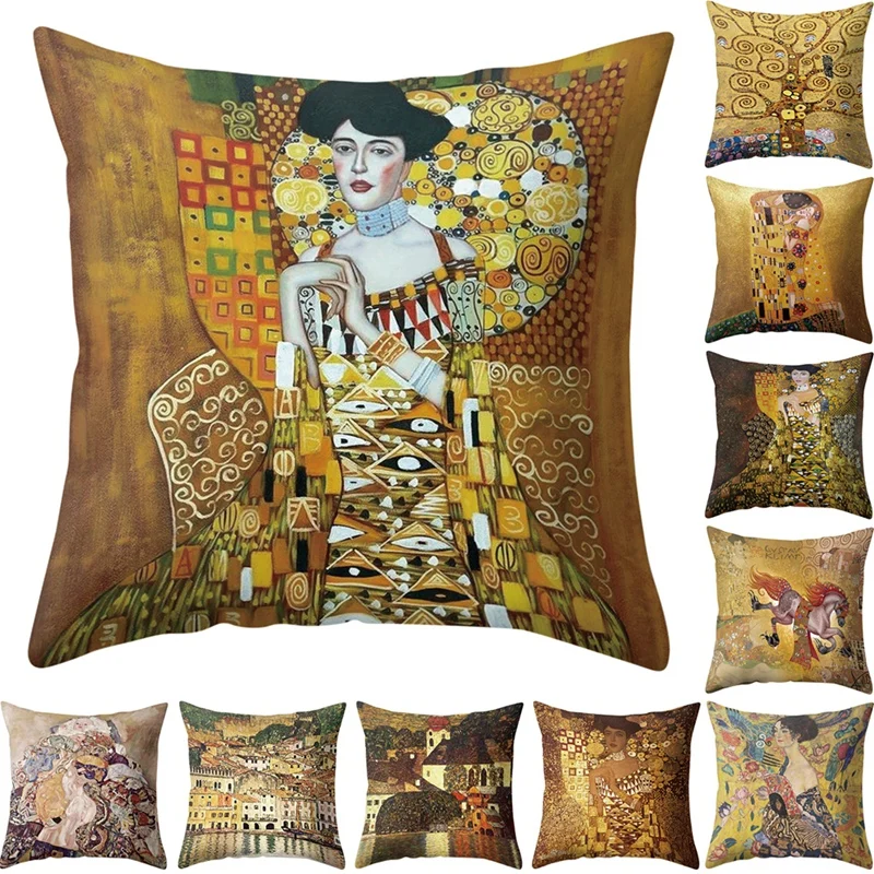 

45x45cm Vintage Khaki Imagining Figure Painting Pillowcase with Invisible Zipper Home Retro Pillowcase for Living Room Washable
