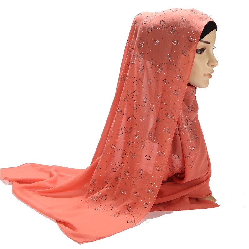 

New Design Luxury Bubble Chiffon Scarf Leaf Diamond Rhinstone Muslim Hijab Turban Head Wrap Solid Color Shimmer Scarves