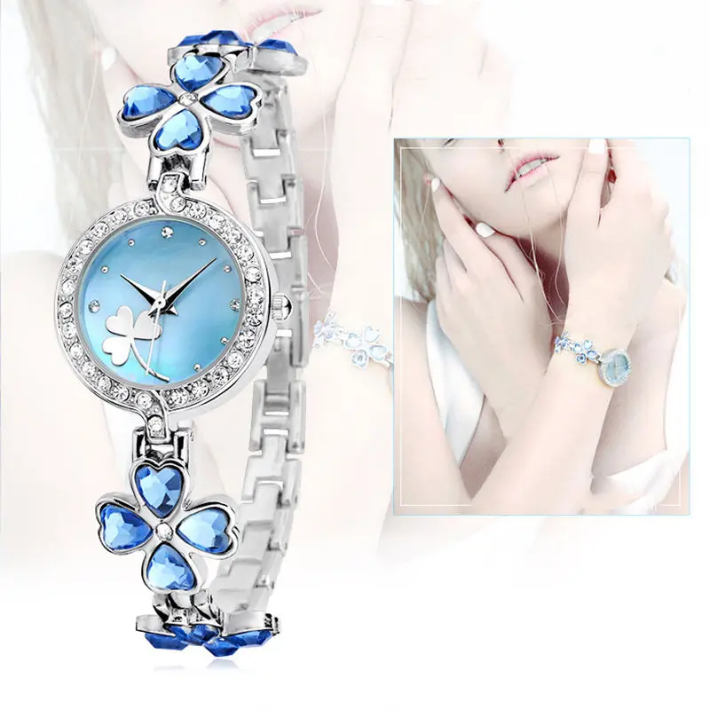 

Fashion Women Ladies Bracelet Watch Clover Flowers Crystal Diamond Quartz Wristwatches