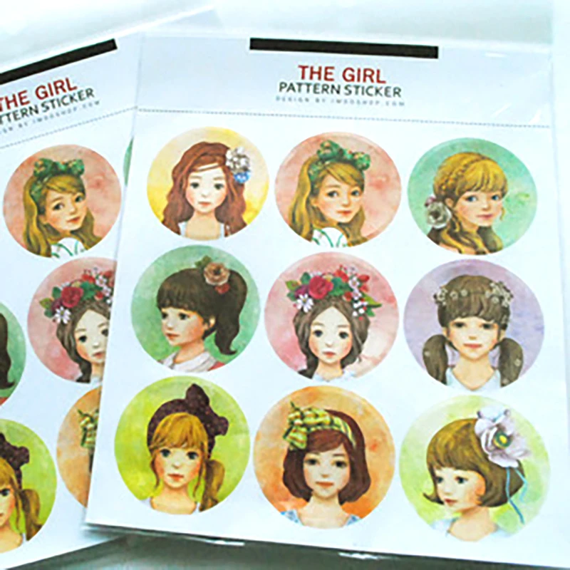 

Hand Painted Girl Pattern Round Decal Waterproof Cap Stickers Lovely Scrapbooking Diary Journal Emoji Reward Kids Children Toys